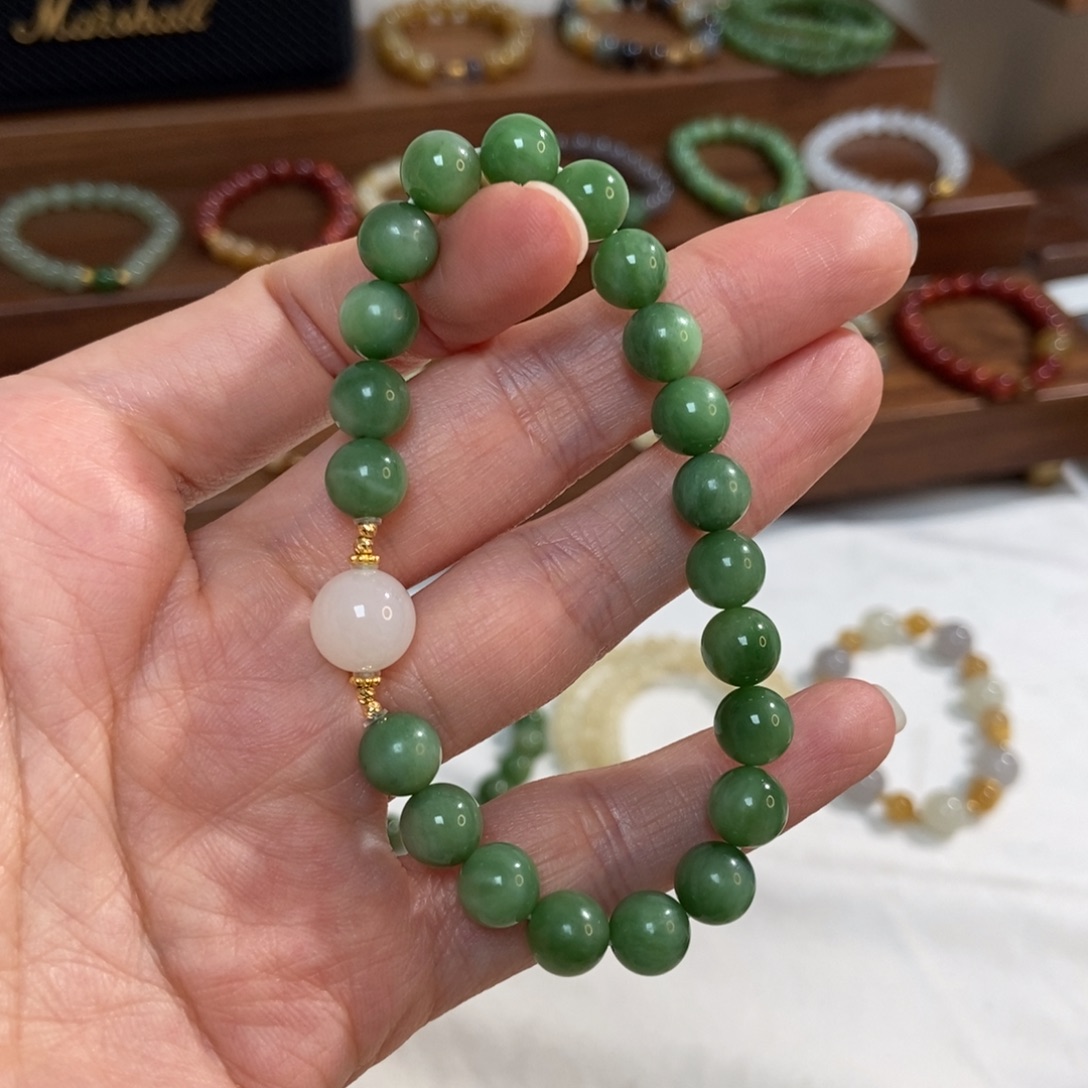 和田玉18K金镶嵌手链8mm黑阳洞碧玉精品