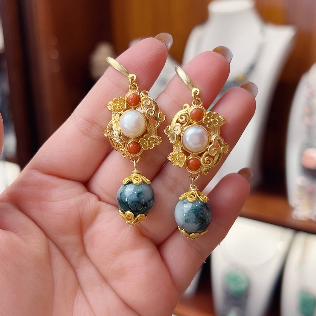 翡翠银S925镶嵌挂件耳环