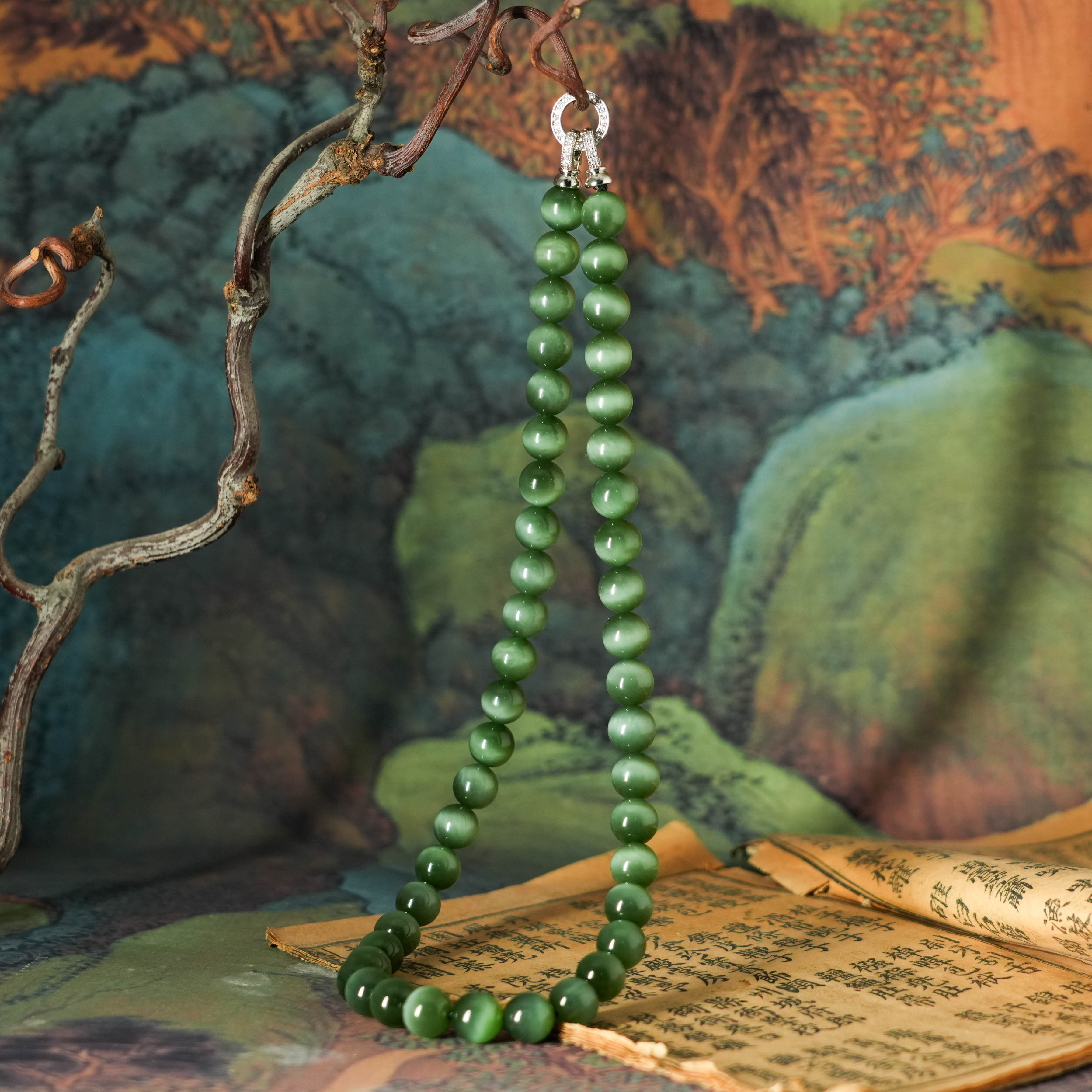 保嘉严选 Y5661 珍藏级和田玉臻品俄七高色碧玉猫眼粉青项链