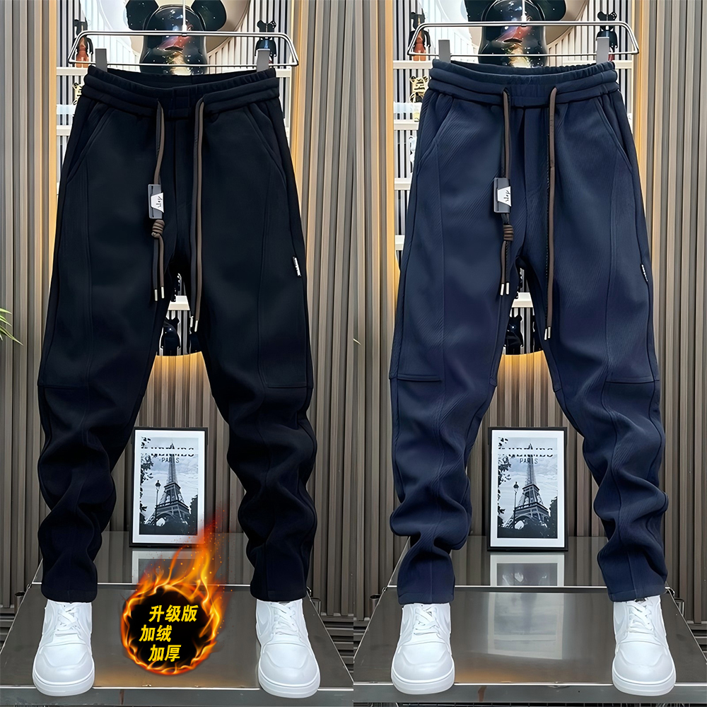 加绒小脚裤男士秋冬新款潮流痞帅休闲裤保暖百搭长裤拼接修身男裤