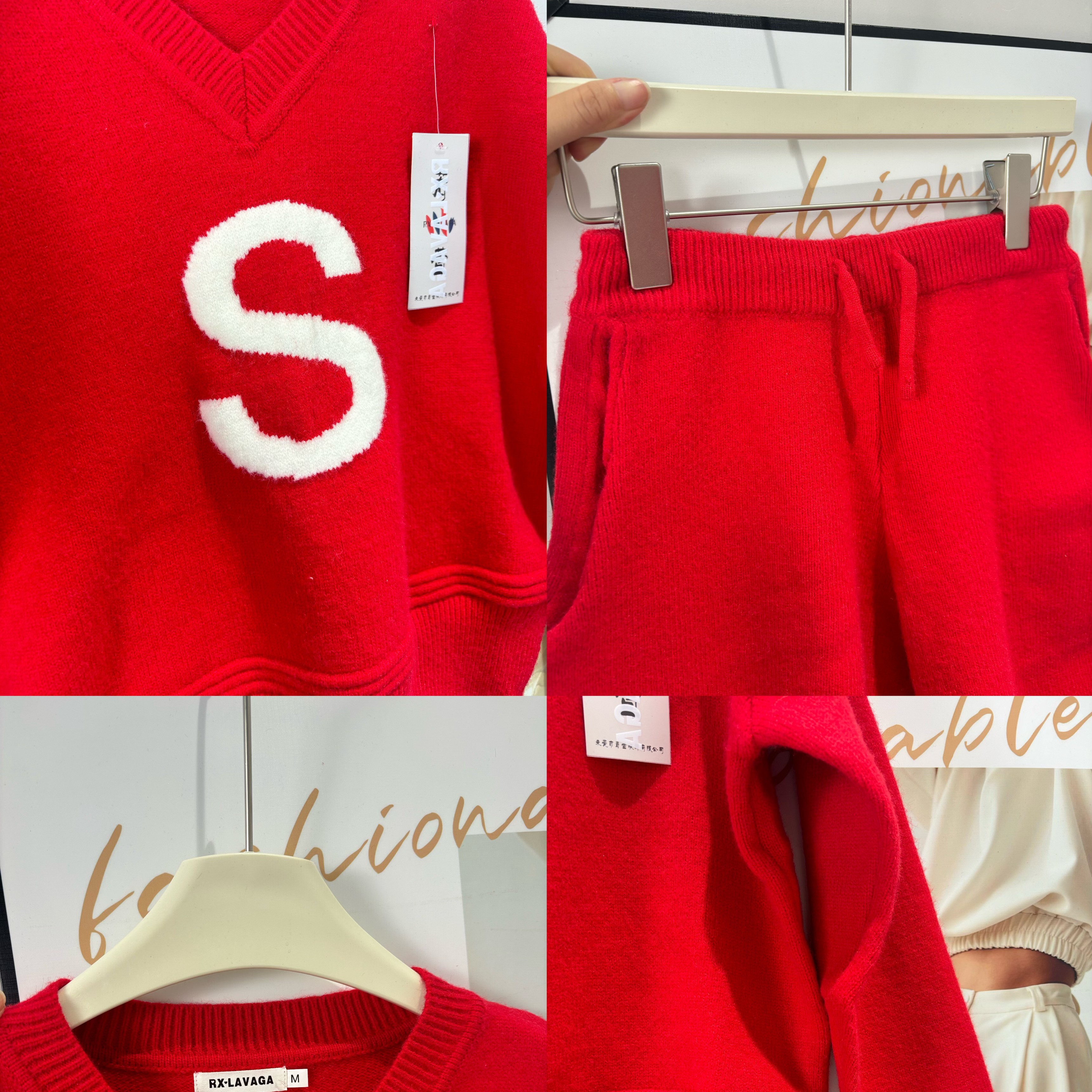 秋冬红色宽松毛衣搭配短裤套装慵懒风休闲时尚