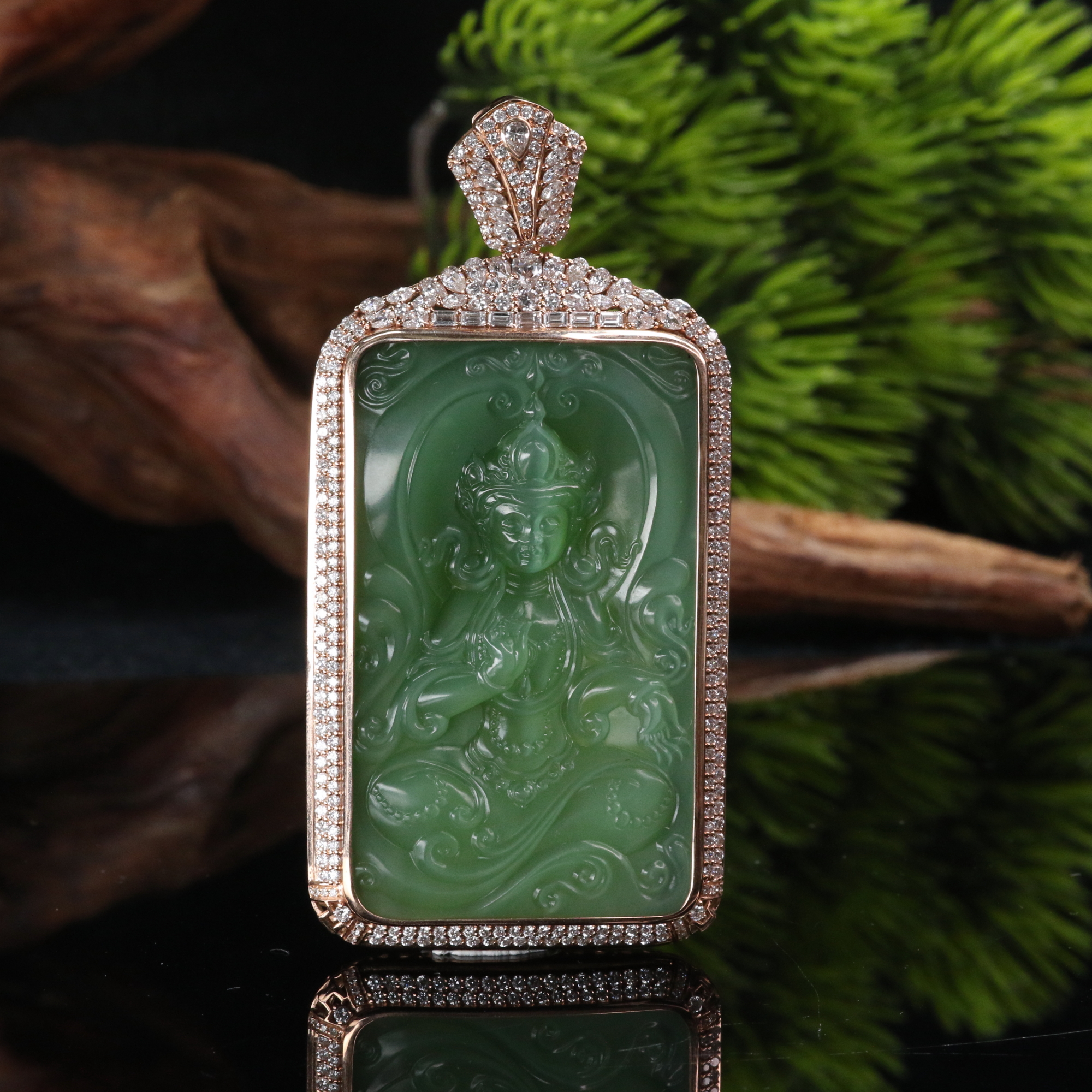 20和田玉碧玉18k猫眼观音牌/500910北京中保拍卖