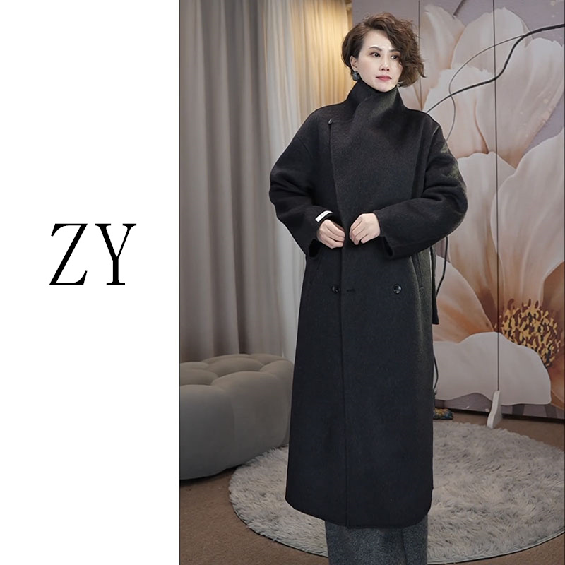 新款轻奢外套大气时尚气质秋冬黑色加厚中长款澳洲冬季羊毛大衣
