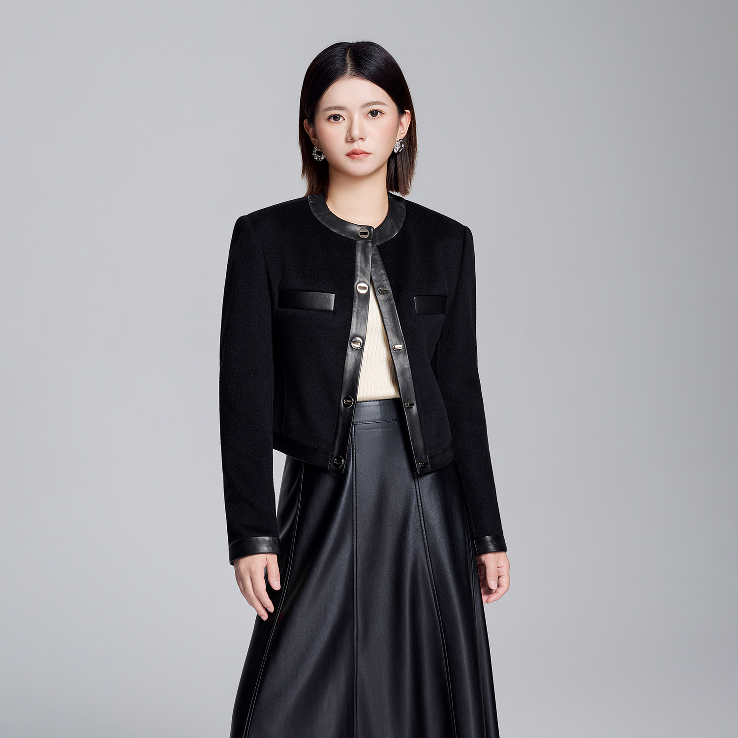 原创拼皮设计50羊绒短款毛呢外套显瘦气质高端黑色秋冬保暖双面呢