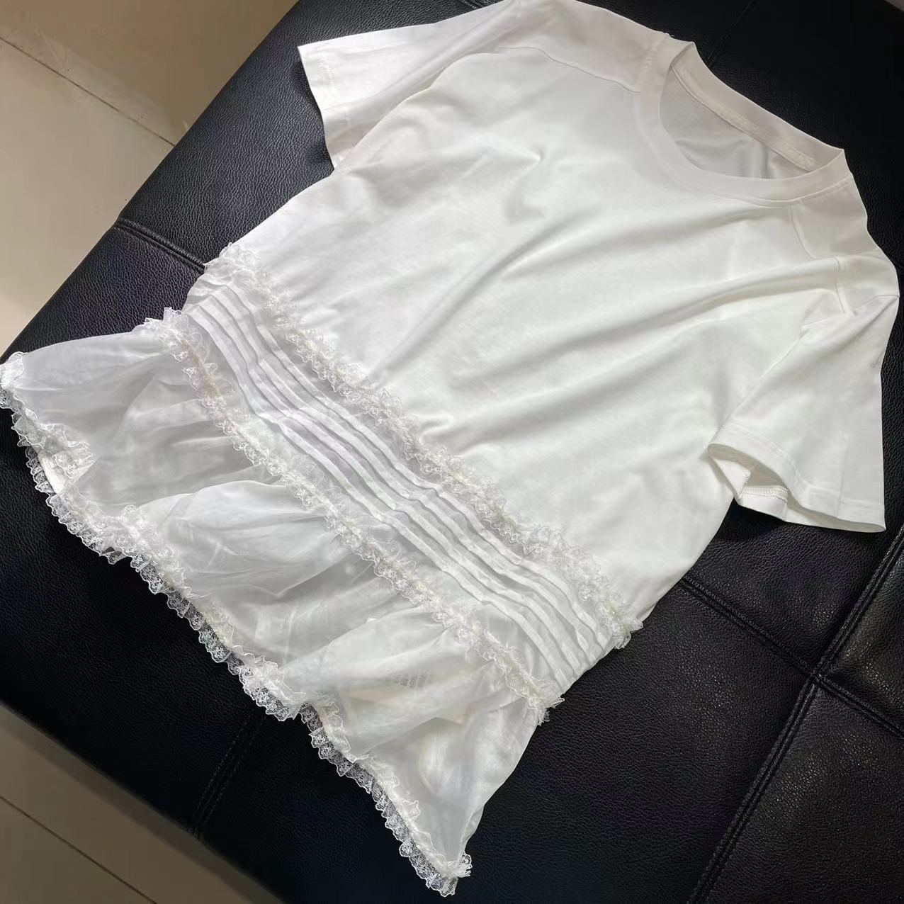 CS419夏装新款拼接蕾丝花边圆领度短袖宽松休闲T恤女士
