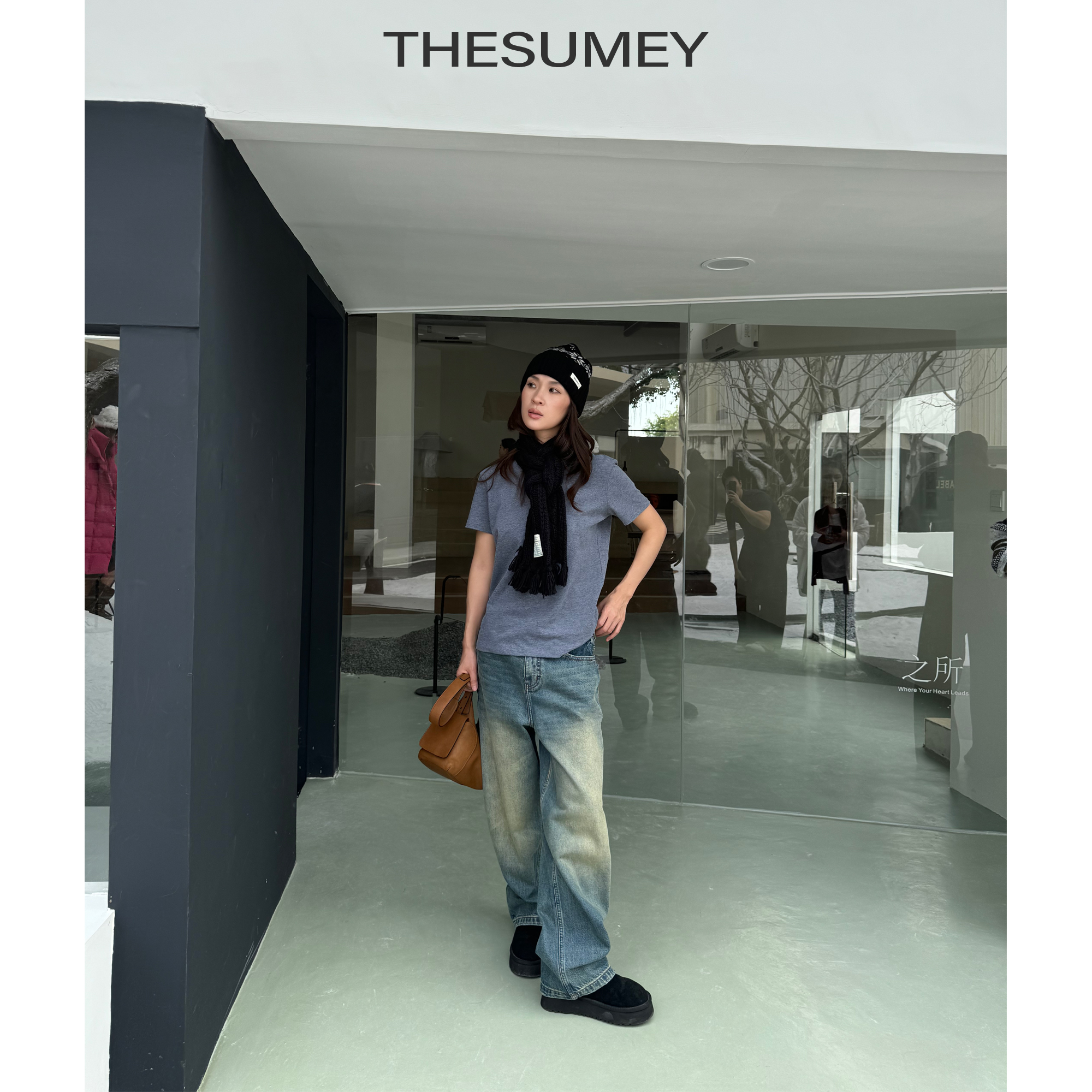 THESUMEY 冬季新款洗水做旧牛仔长裤