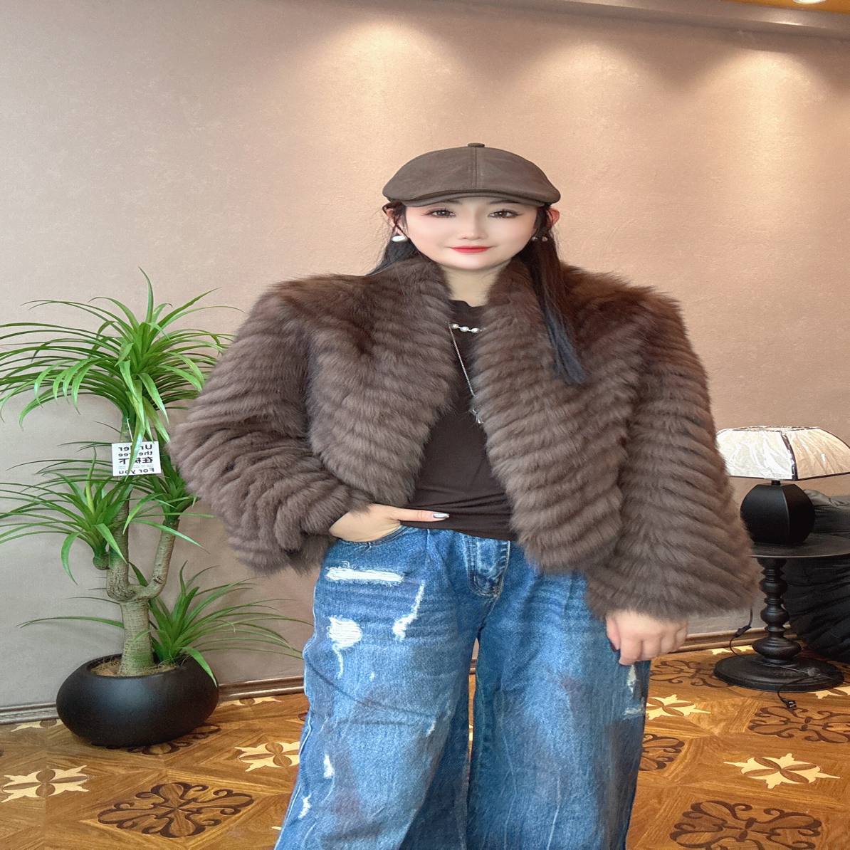 原创贵妃领狐狸毛车条皮草外套（55厘米）