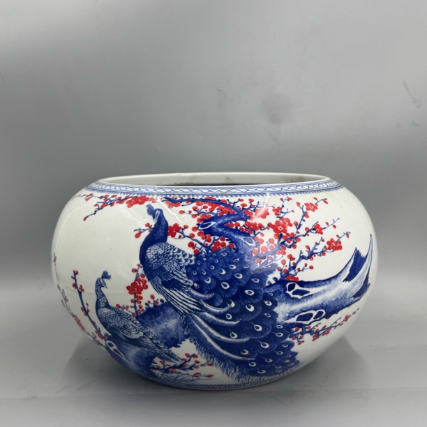 下乡收获青花釉里红孔雀梅花纹大笔洗（看底抖音私信（