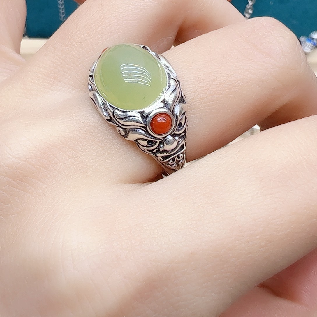 和田玉戒指银S925镶嵌