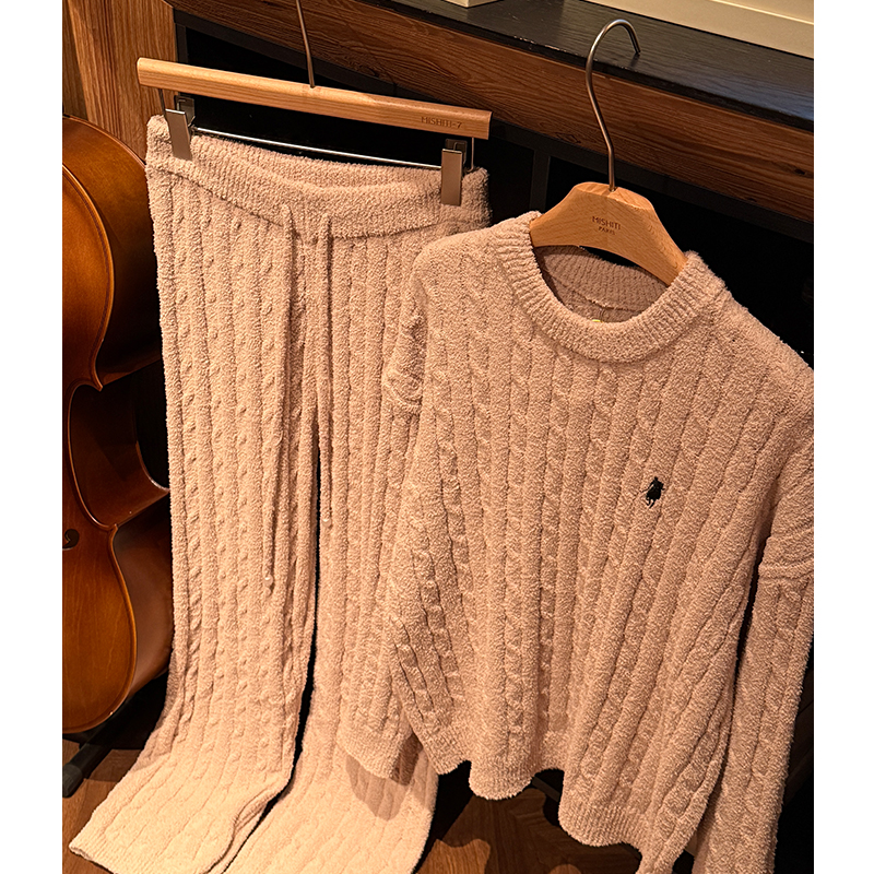 米诗缇【麻花纹卡其色套头】小众潮牌设计可外穿长袖长裤睡衣家居服