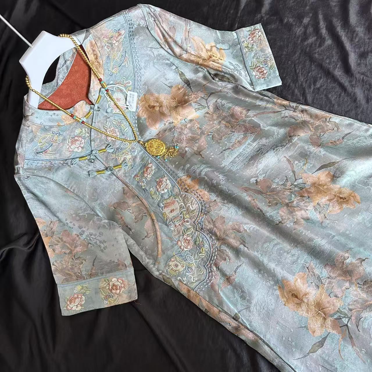 0228-常熟新中式【青花】气质夏季新款中长款老料花色连衣裙