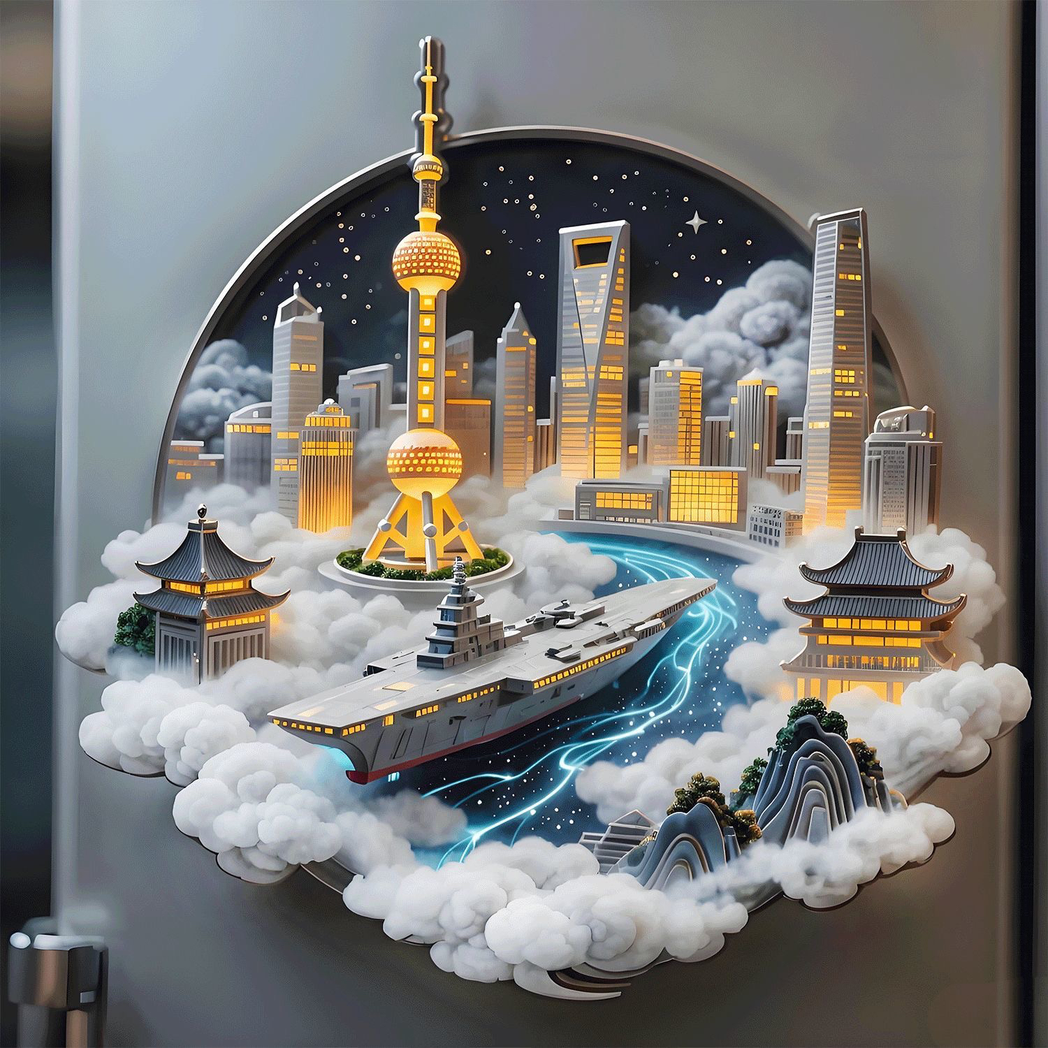 空天母舰摩登赛博上海金属冰箱贴东方明珠城市景点纪念品生日礼物