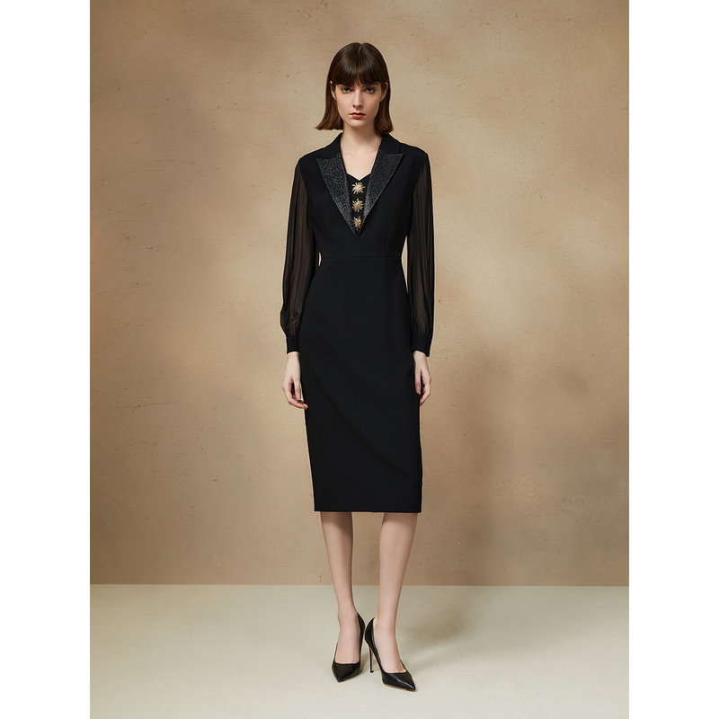 Song of Song/歌中歌显瘦气质长袖时尚黑色法式连衣裙5C34305460