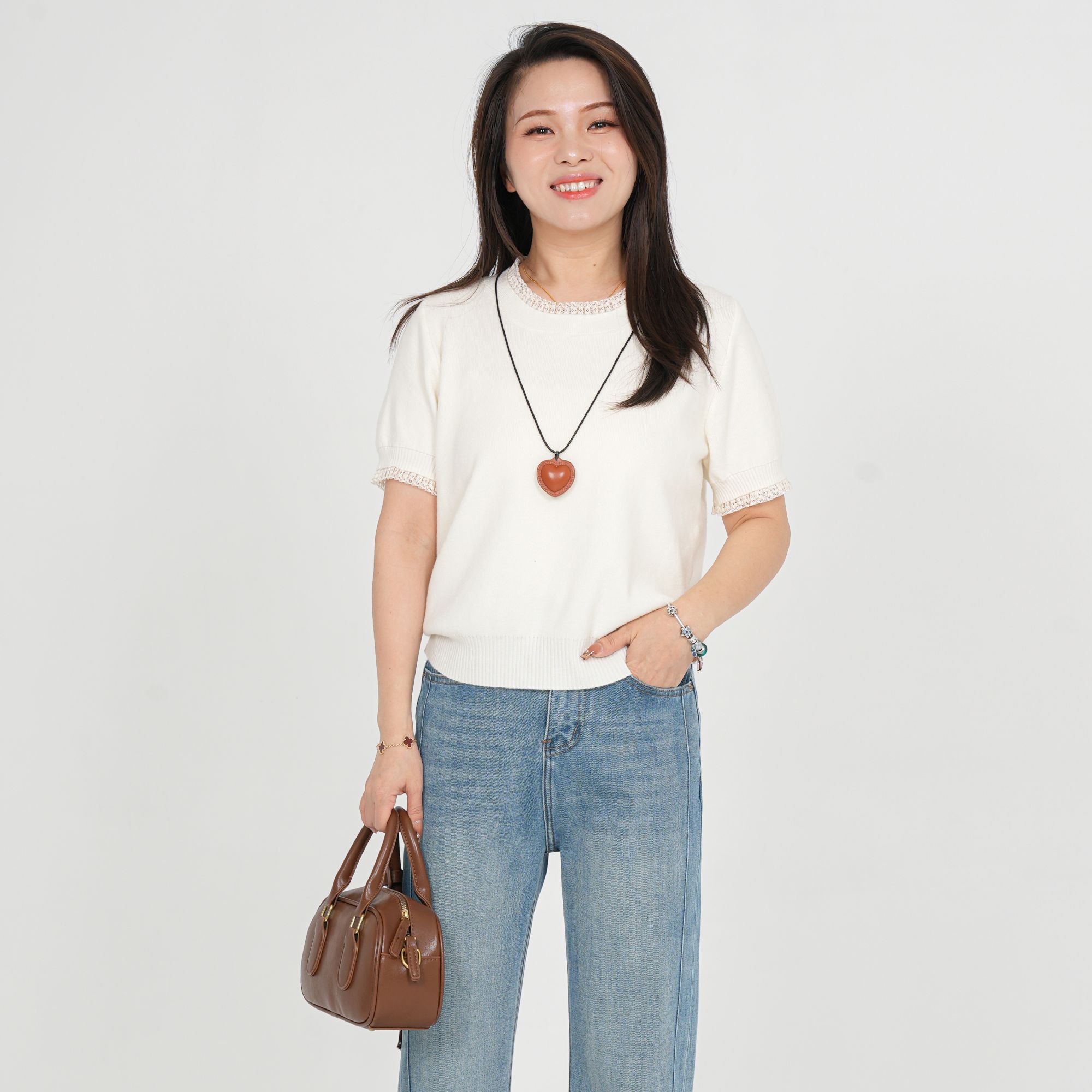 小个子圆圆6080春季新款蕾丝边圆领短袖针织短袖休闲百搭套头上衣