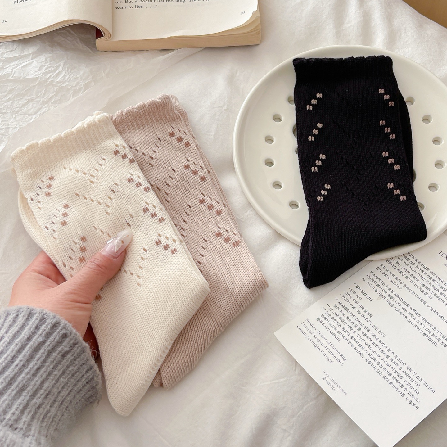 勾花镂空网眼堆堆袜ins棉袜透气女士花边中筒袜子百搭春季新款