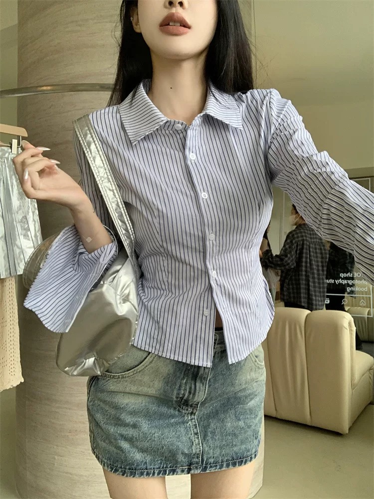 8844 时尚气质百搭显瘦条纹衬衫上衣