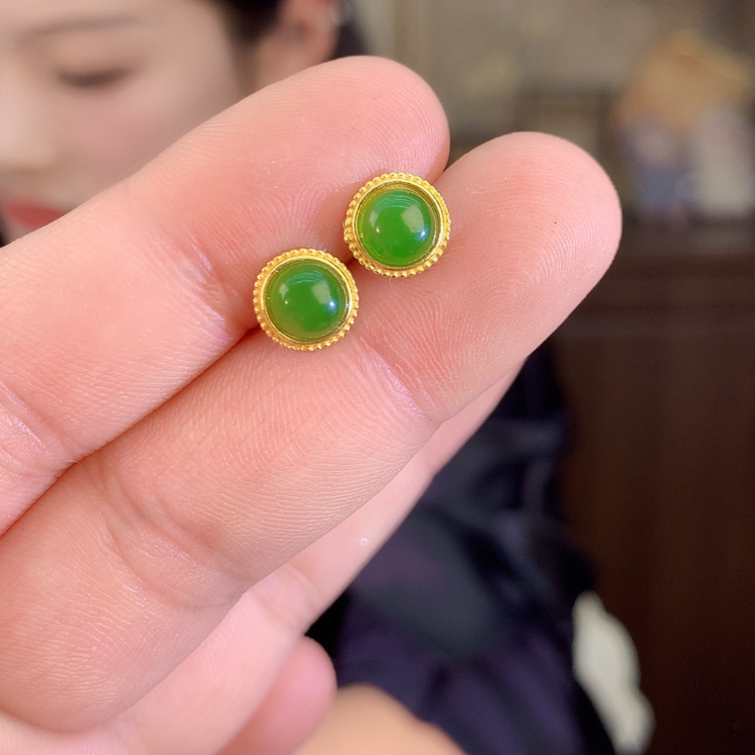 吊坠(不含链)银S925镶嵌和田玉（碧玉）耳饰