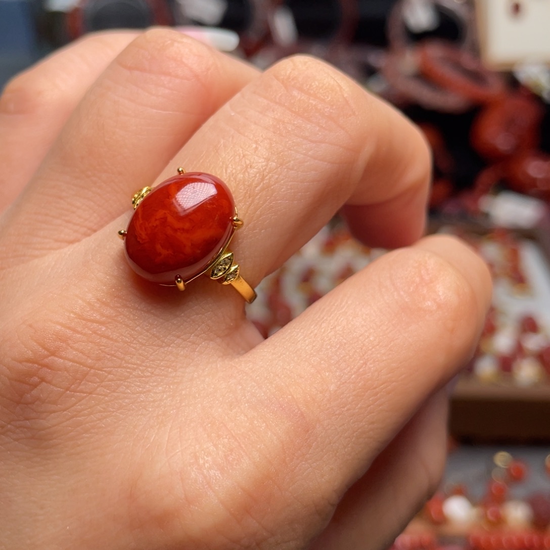 南红玛瑙银S925镶嵌火焰纹戒指