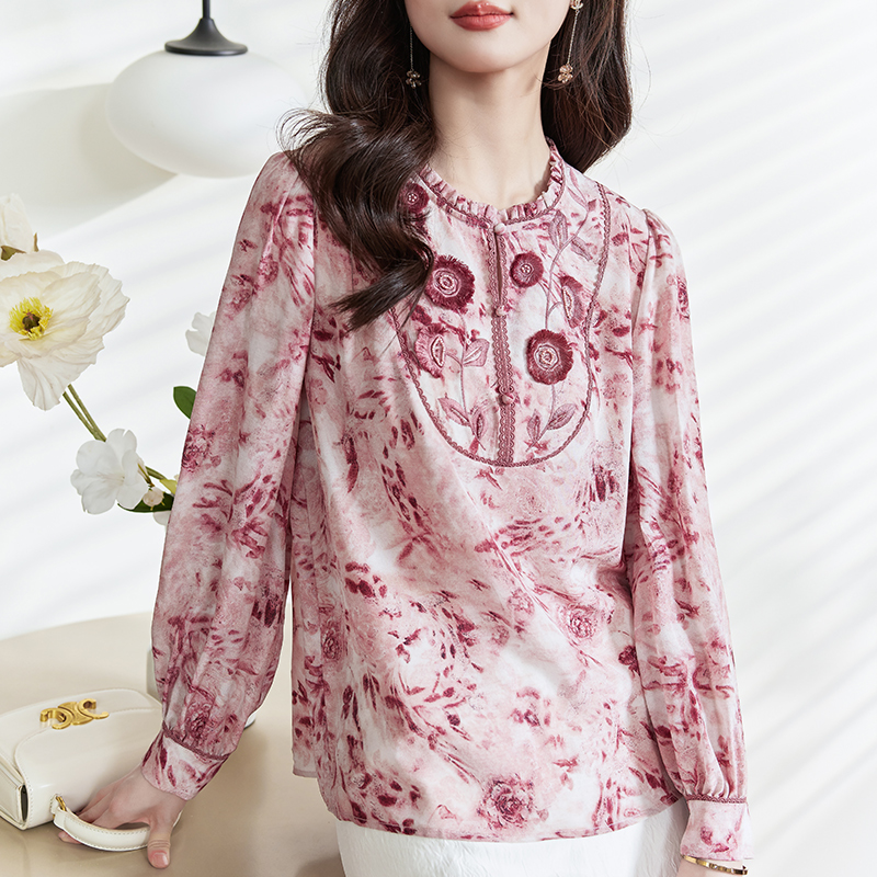 【田老板专属】Q5106时尚印花桑蚕丝衬衫女洋气减龄长袖桑蚕丝上衣