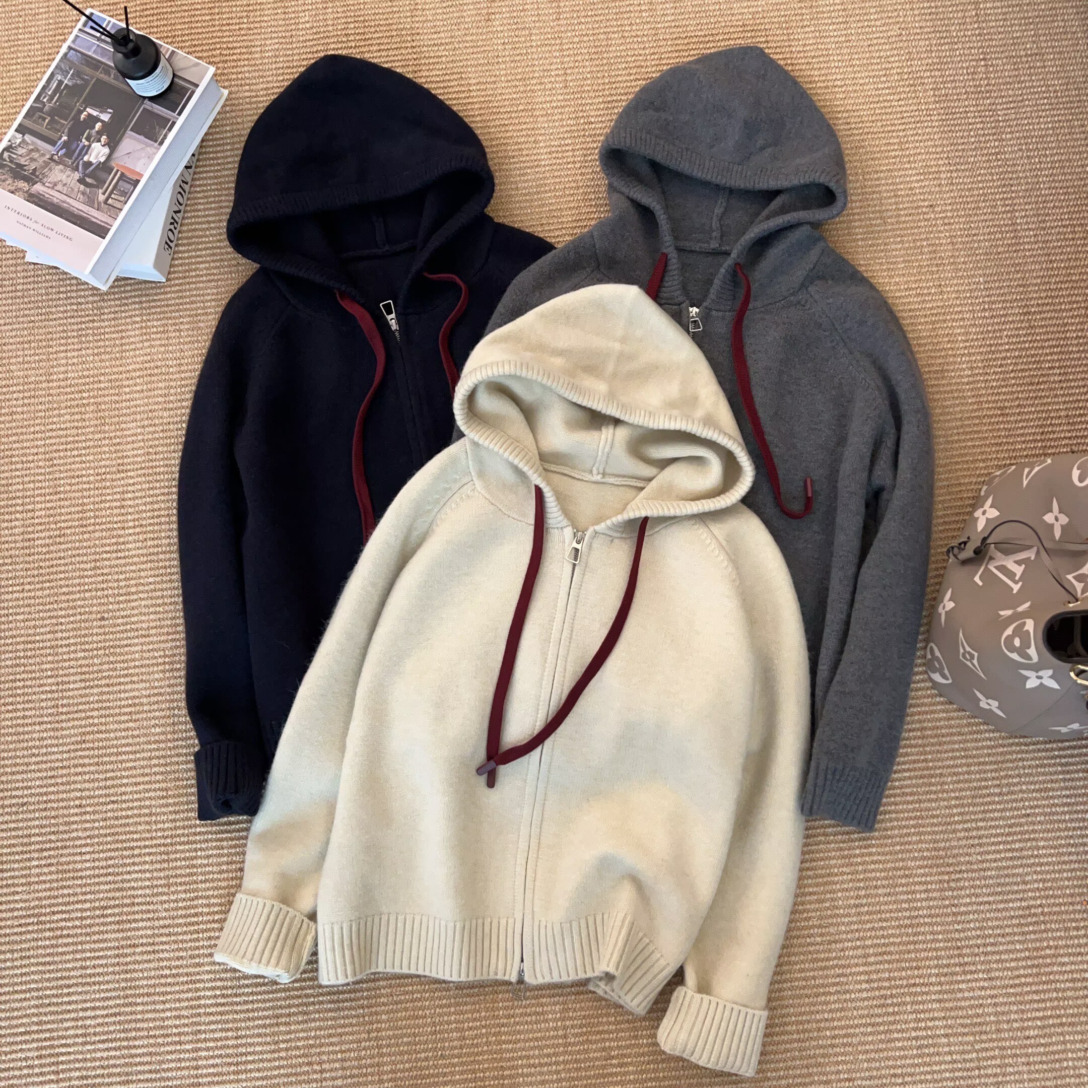 【初奢自制】秋季百搭通勤显瘦连帽双拉链针织