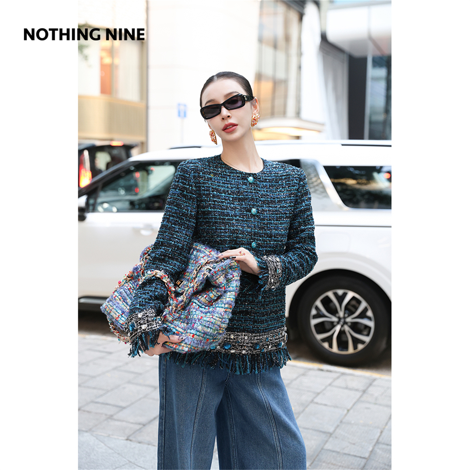 NOTHING NINE  蓝誓粗花呢宝石流苏套装外套/半裙