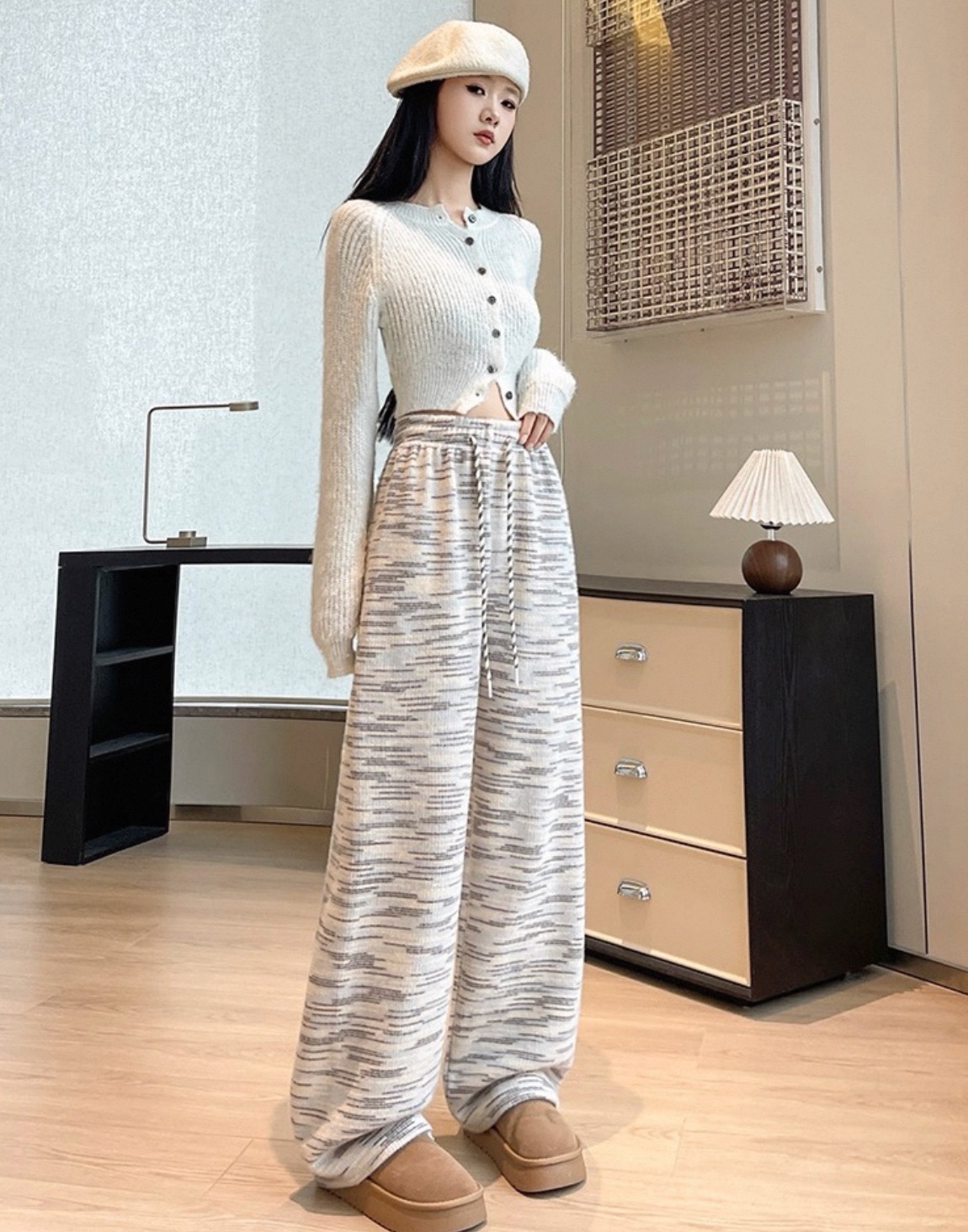 冬季条纹加绒保暖高腰宽松直筒阔腿裤