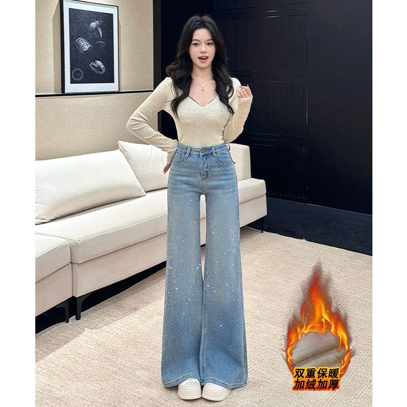 乔栈满天星爆闪烫钻微喇牛仔裤女秋冬加绒高腰宽松显瘦直筒拖地裤