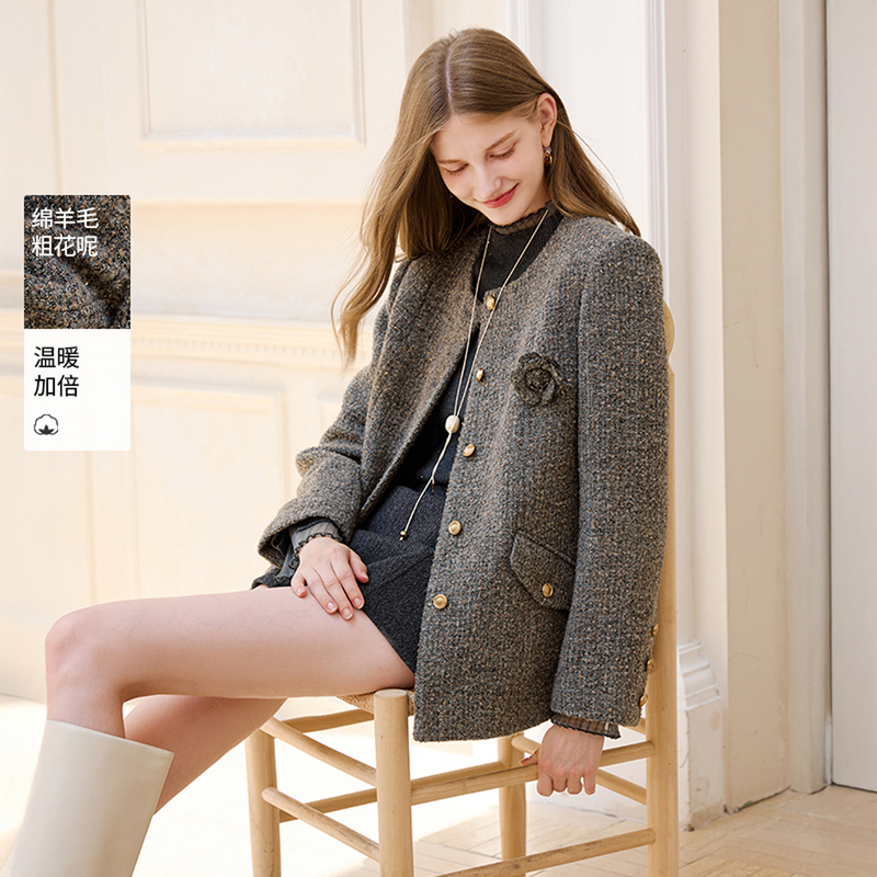 【直播专享】F85W014短外套 香影灰色小香风外套女冬季新款含羊毛