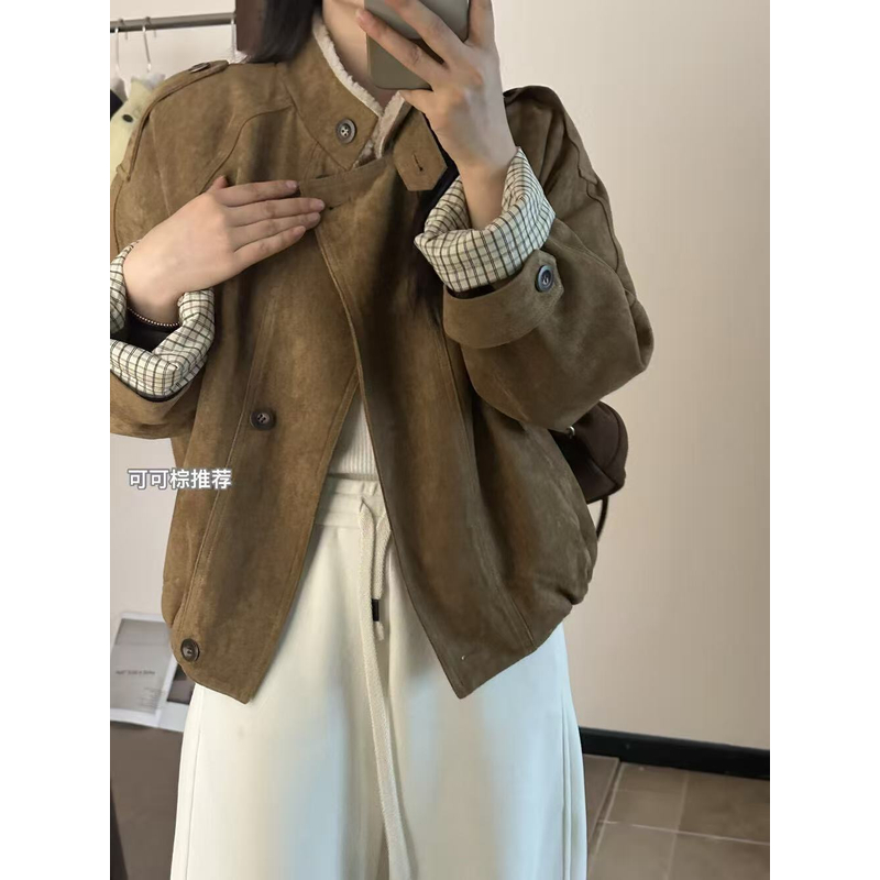 （6-8运贴）复古加厚麂皮短外套冬季韩系立领夹克外套上衣女