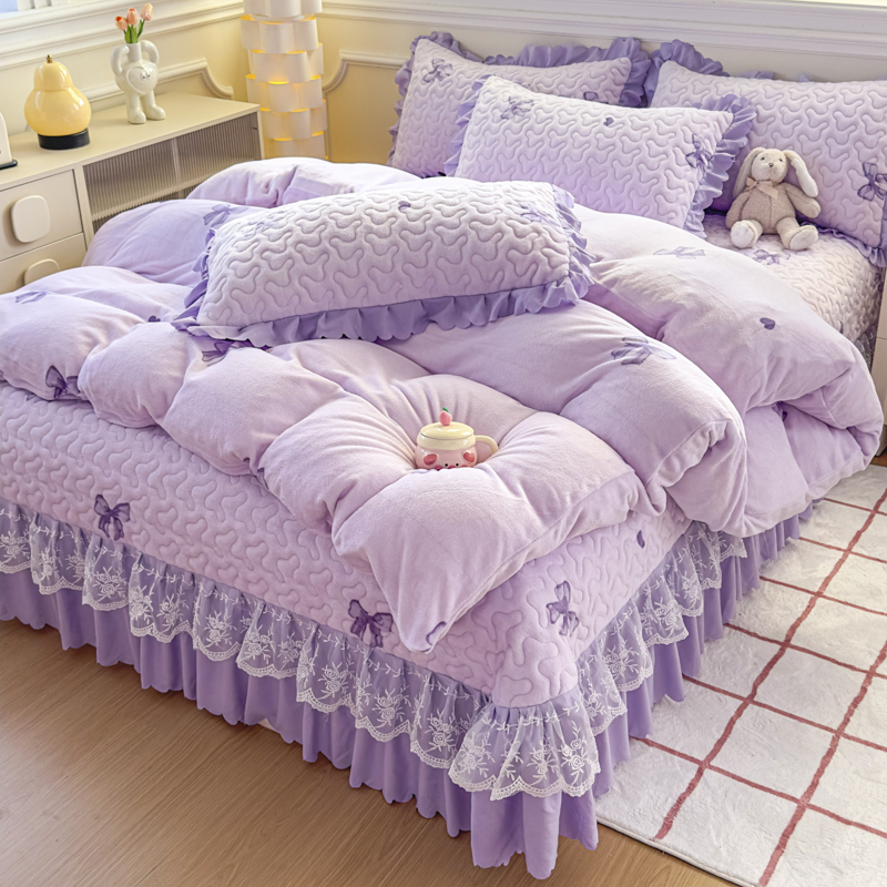 3秋冬款牛奶绒韩版加棉床盖款四件套蕾丝保暖加厚床盖床上用品