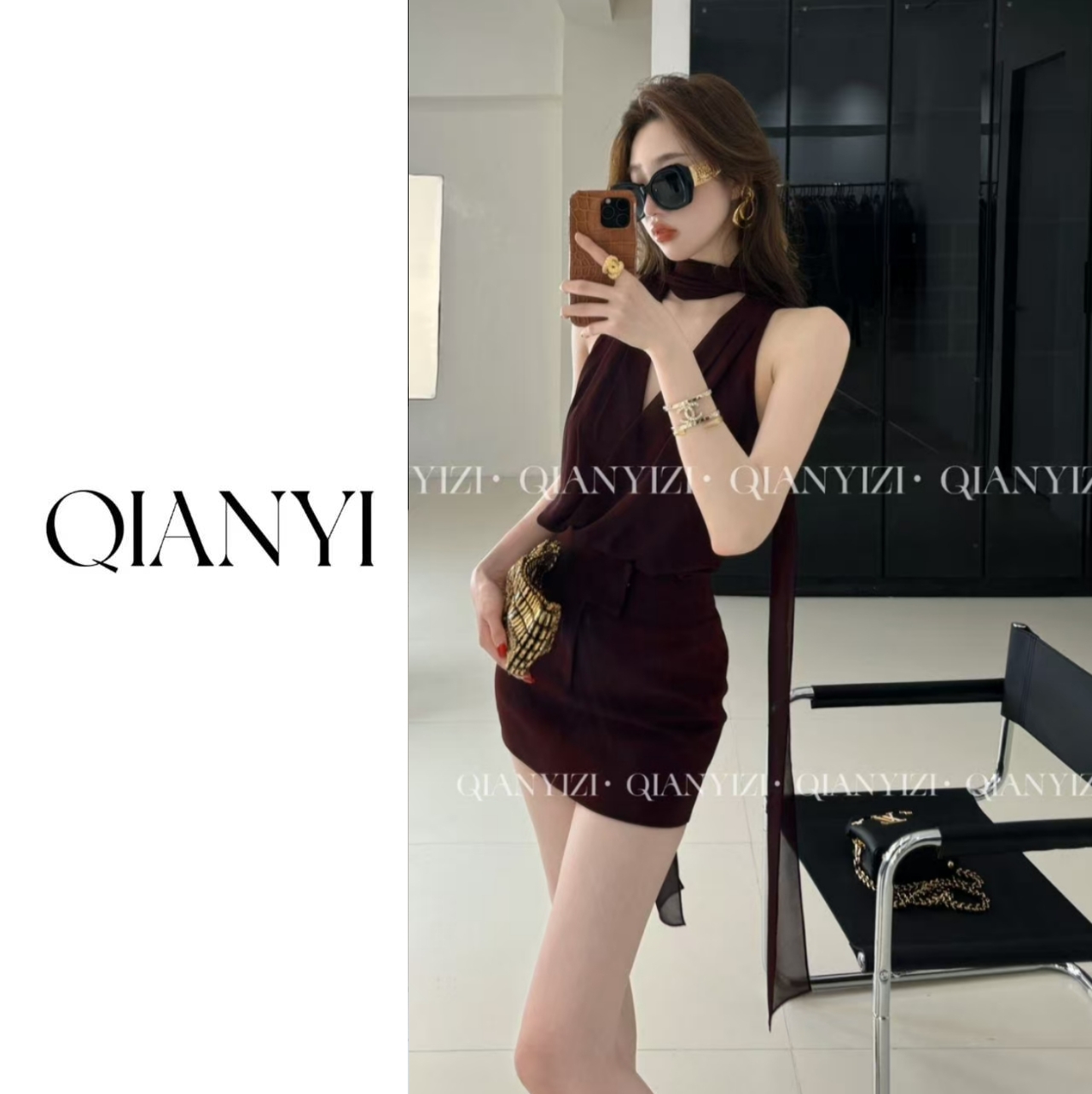 千亿【海芋】法式高级性感V领挂脖飘带无袖上衣