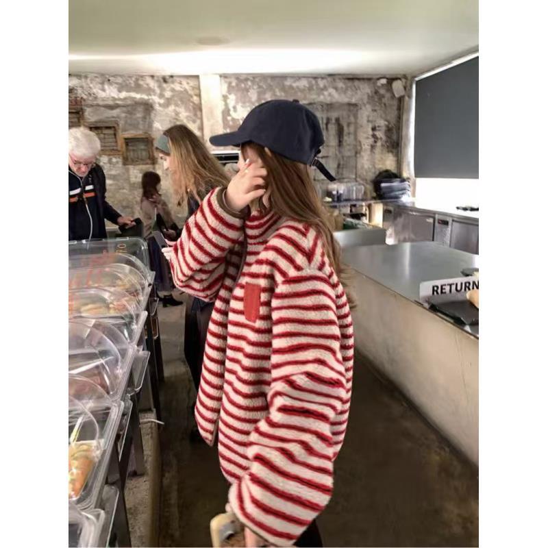 小慧【丝绒玛奇朵】复古撞色条纹波点拼接加厚拉链外套KH01