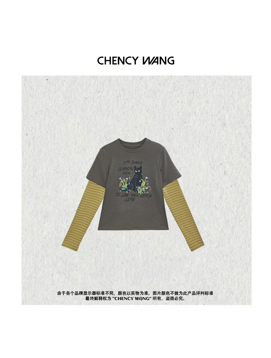  CHENCY【小黑猫】美式潮牌条纹拼接T恤