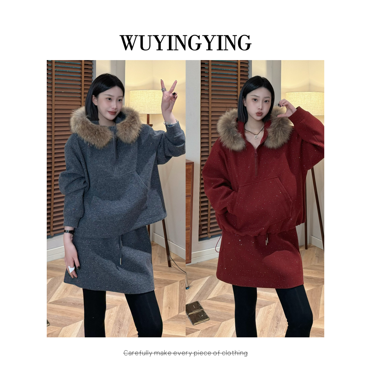 WUYINGYING【海岸星辰】欧货重工大毛领烫钻设计上衣+半身裙套装
