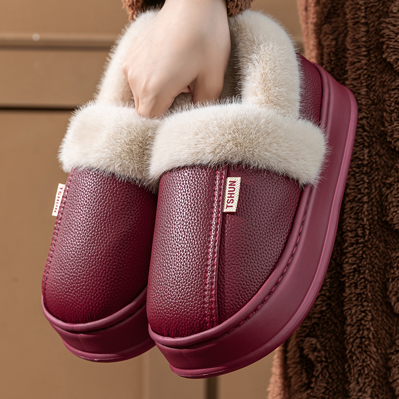 居家鞋冬季包跟男女情侣皮面防水防滑耐磨加绒加厚外穿保暖棉鞋
