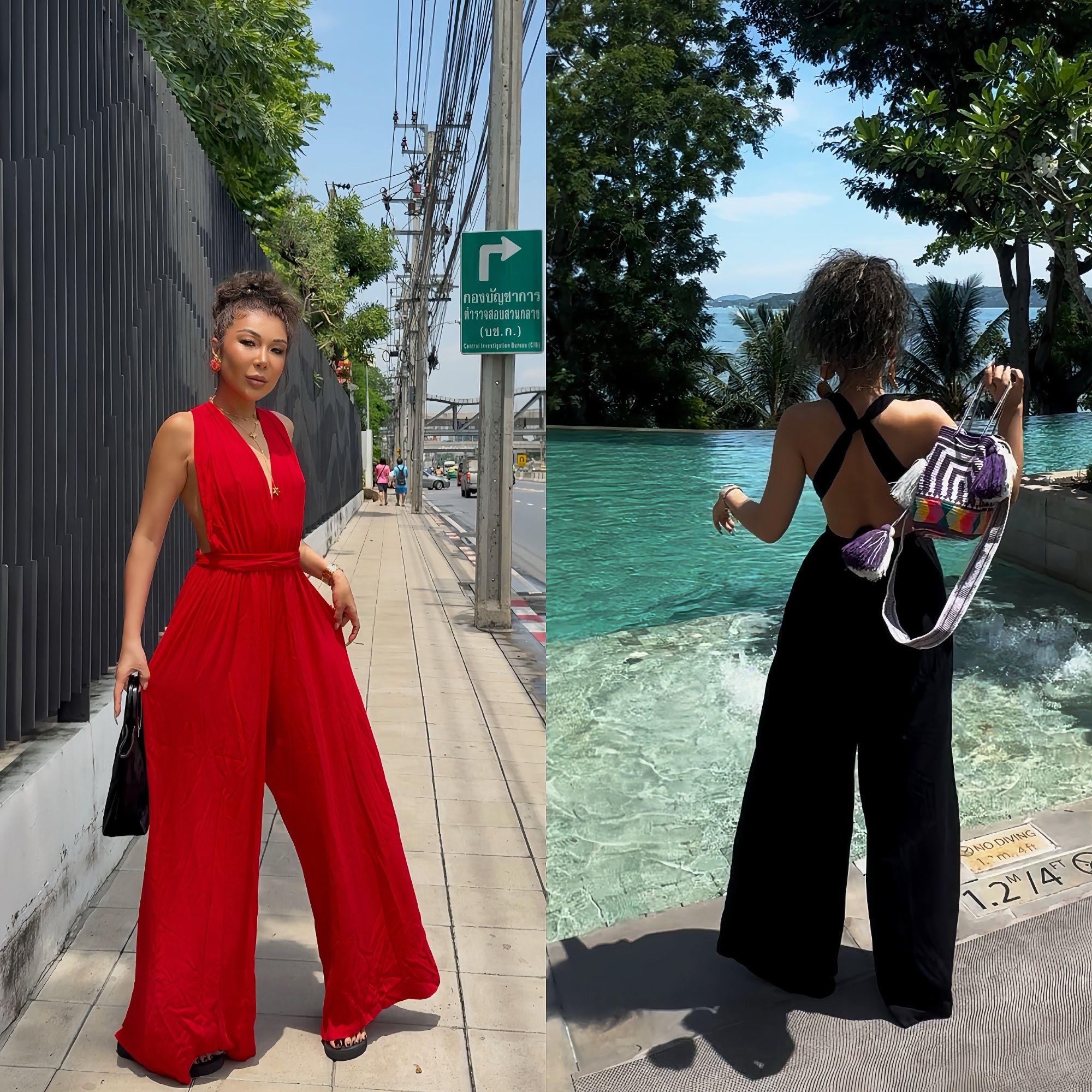 （小溪家）V领性感连体裤显瘦气质度海边度假风露背上衣垂感裤