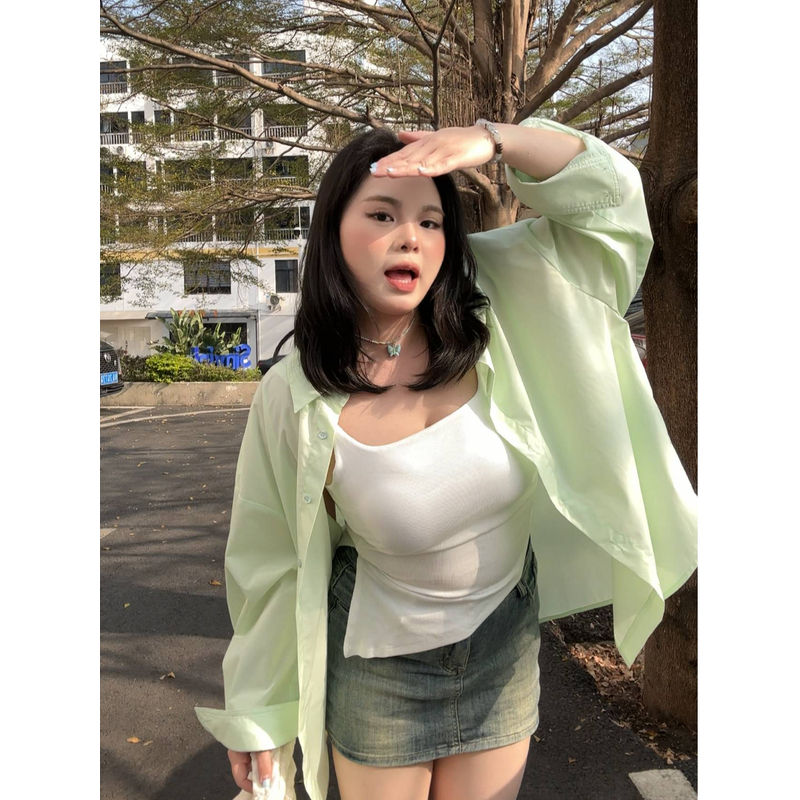 【啵啵】韩系春季两色可选浅绿色长袖衬衫百搭宽松上衣