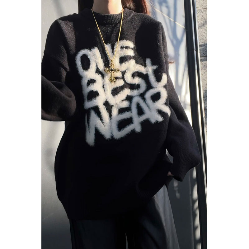 毛茸茸美式卡通趣味套头毛衣男女秋冬季圆领针织衫慵懒氛围感卫衣