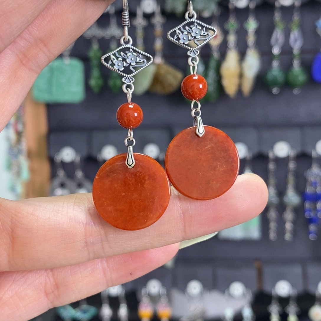 翡翠耳饰银S925镶嵌烧红翡耳坠