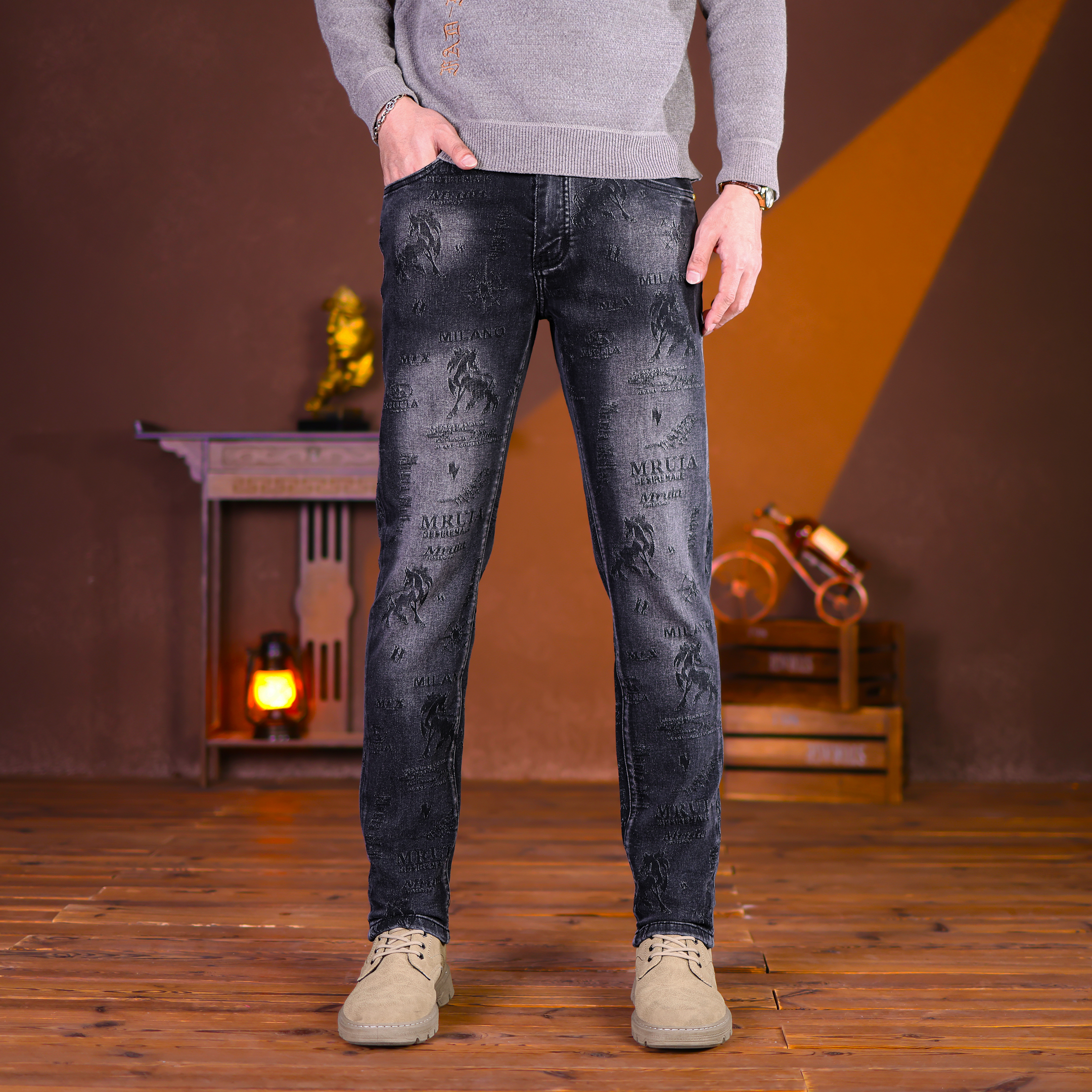 秋冬款提花刺绣男士牛仔裤男潮流百搭时尚弹力修身直筒裤抓绒可选