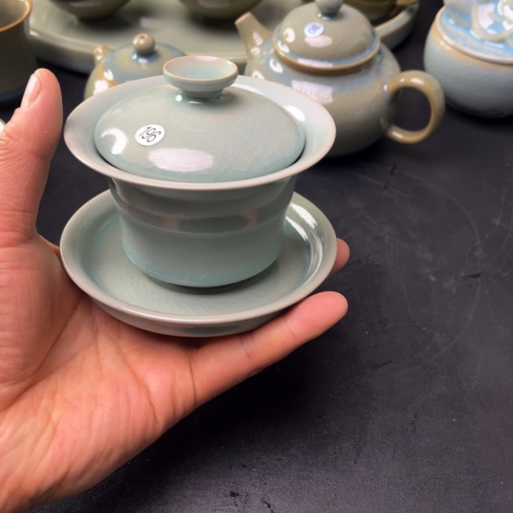 摆件微瑕竹节三才手工盖碗