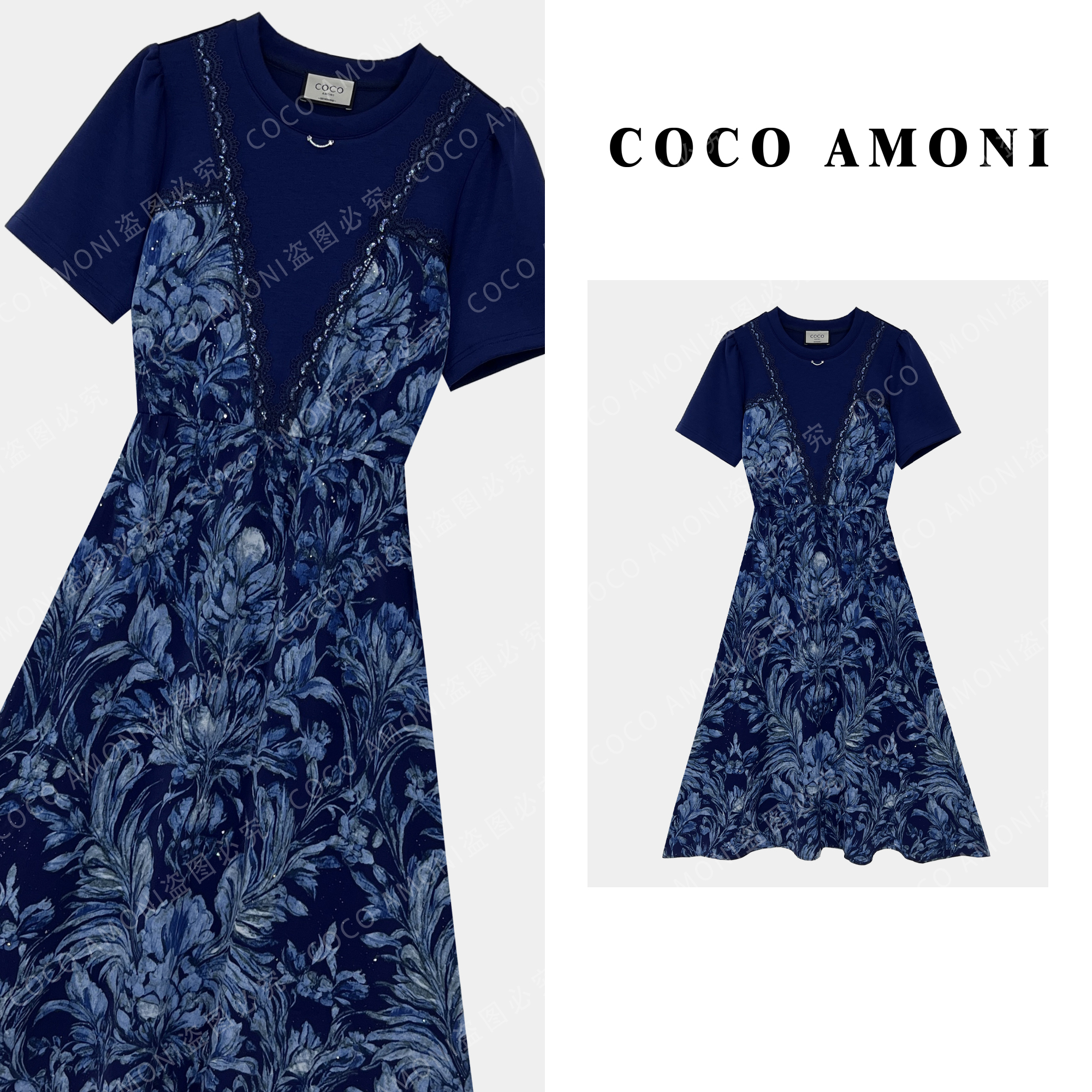 时尚夏日轻奢爆款女装拼接重工碎花假两件气质显瘦连衣裙ZC757