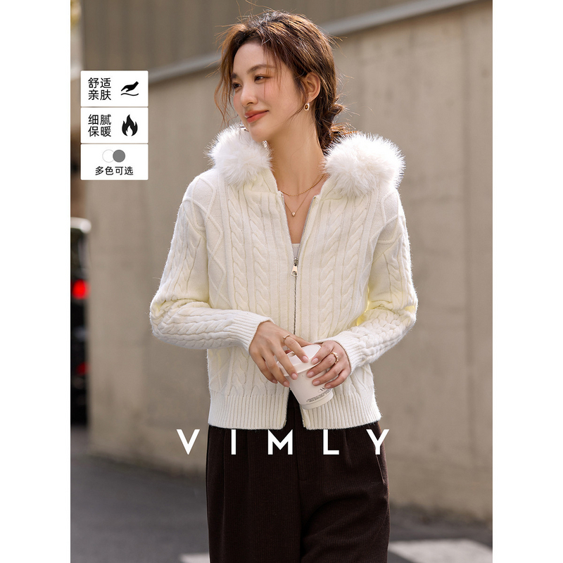 梵希蔓灰色拉链大毛领连帽毛衣外套女冬季菱形格针织开衫30592