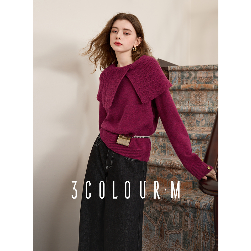 【可可专属】三彩2025春季新款不规则翻领针织衫宽松套头毛衣dbx