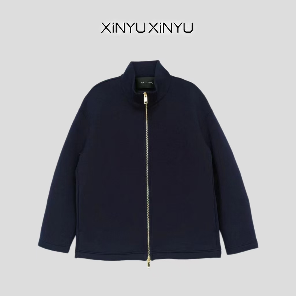 XINYU/芯与藏青色立领长袖卫衣简约外套 31784 中长款纯色宽松