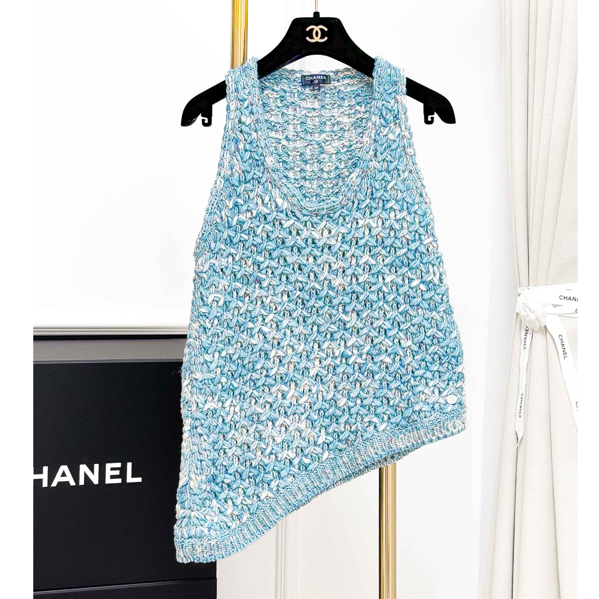99新 Chanel/香奈儿 38码蓝绿混色不规则斜边无袖镂空针织背心