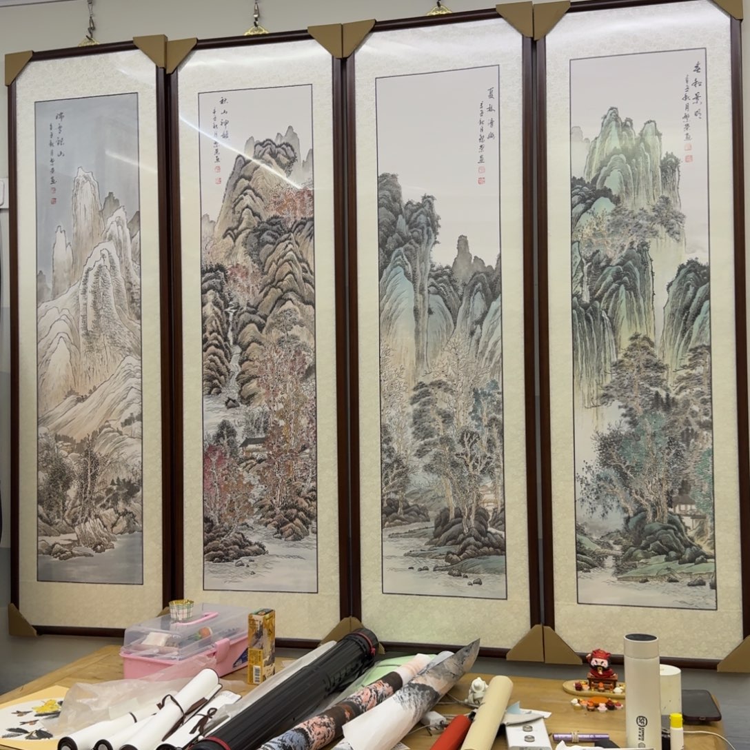 国画四尺春夏秋冬山水四条屏画框164×196