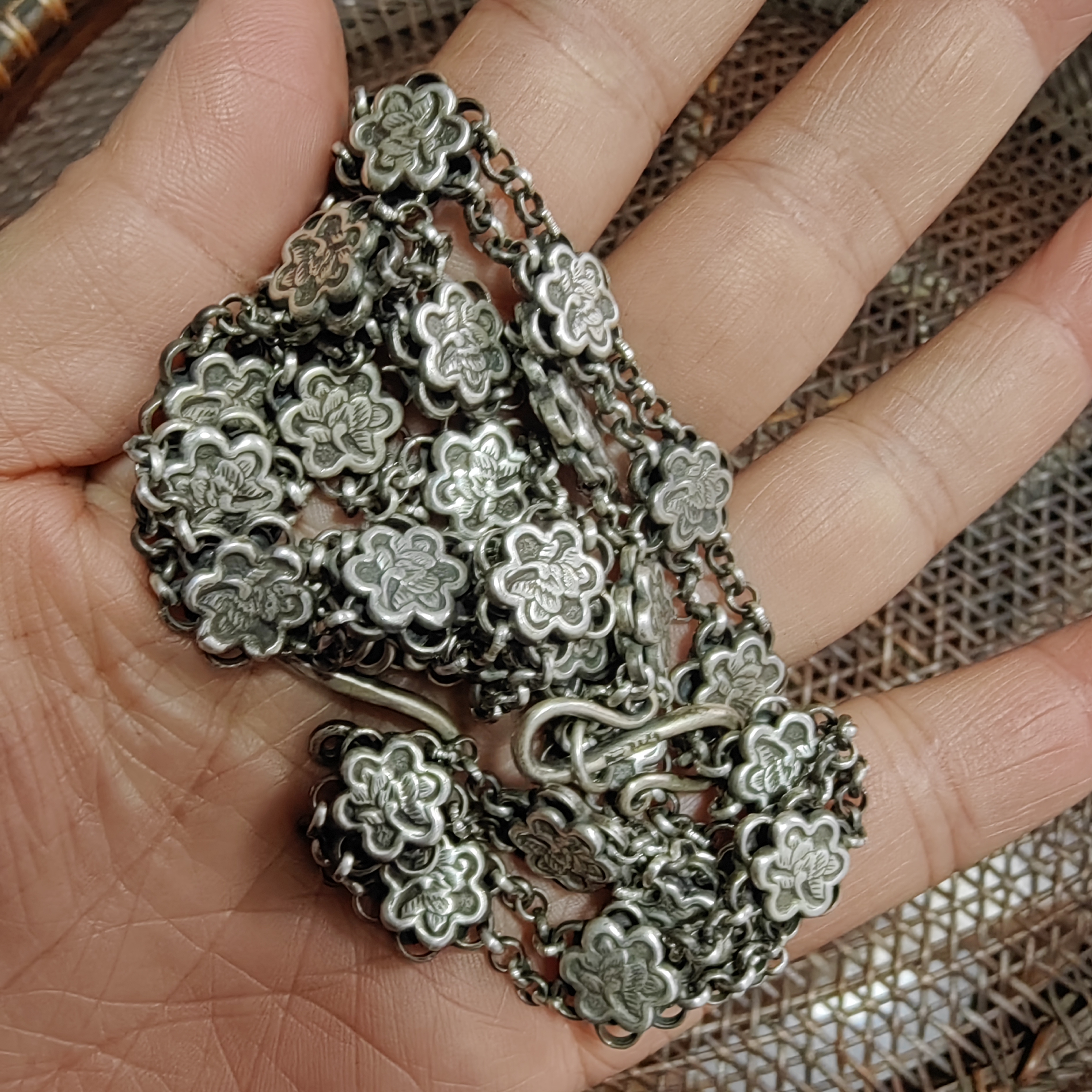坠链均800银 老银工艺品 工艺银制品 梅花链