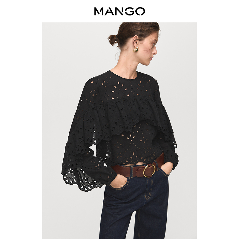 MANGO女装衬衫2025秋装新款波嬉风系带小衫刺绣镂空荷叶边衬衫