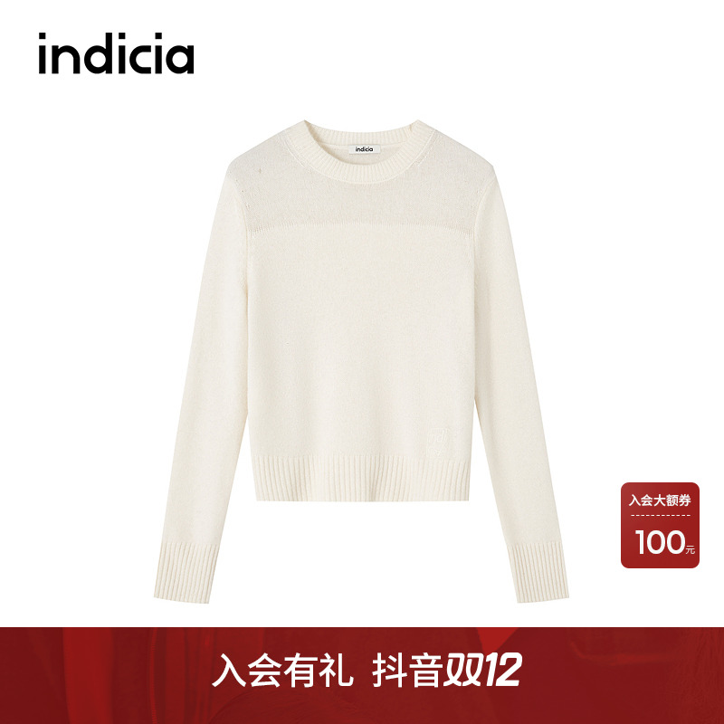 indicia标记商场100%山羊绒简约白色圆领针织打底衫F2D4MS764C
